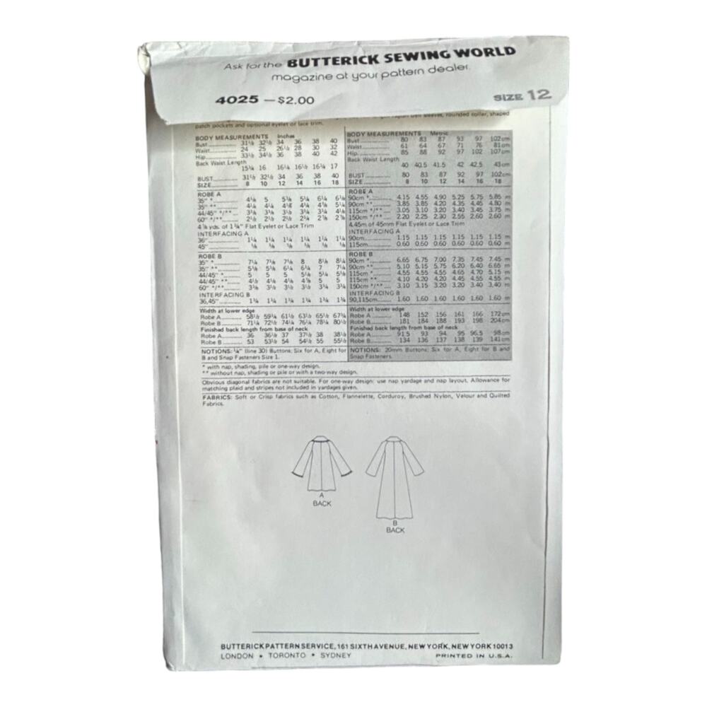 Butterick 4025 Misses' Robe Pattern - Size 12 - Picture 3 of 5